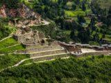 Aerial view of the Pisac Inca ruins terraced above the Sacred Valley