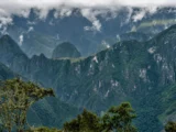 Panoramic view of the Andes mountain range from the Llactapata viewpoint