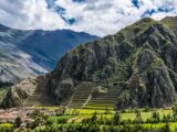 Ollantaytambo Inca fortress terraces rising above the town in the Sacred Valley