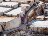 Local worker harvesting salt at the ancient Maras salt mines in the Sacred Valley