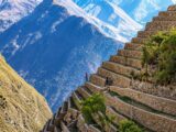 Steep Inca stone terraces overlooking the Apurimac Canyon at Choquequirao