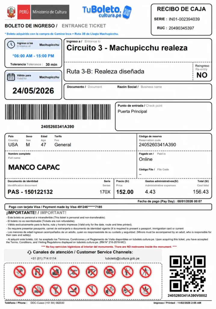Machu Picchu Circuit 3-B ticket automatically dated for day five when the last campsite is Phuyupatamarca