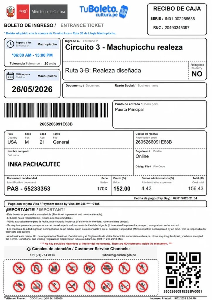 Machu Picchu Circuit 3-B Realeza ticket bought with an Inca Trail permit, priced at S/152