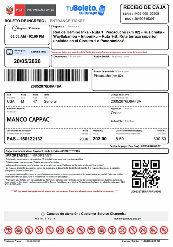 Inca Trail permit receipt dated for day one of the trek, showing Route 1-B Machu Picchu access