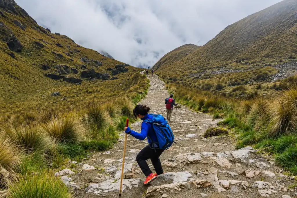 Inca Trail hikers on the original stone path to Machu Picchu