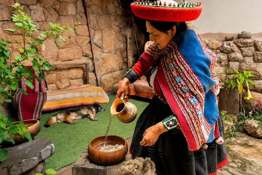 Traditionelle Chicha Zubereitung in einer andinen Gemeinschaft bei Cusco
