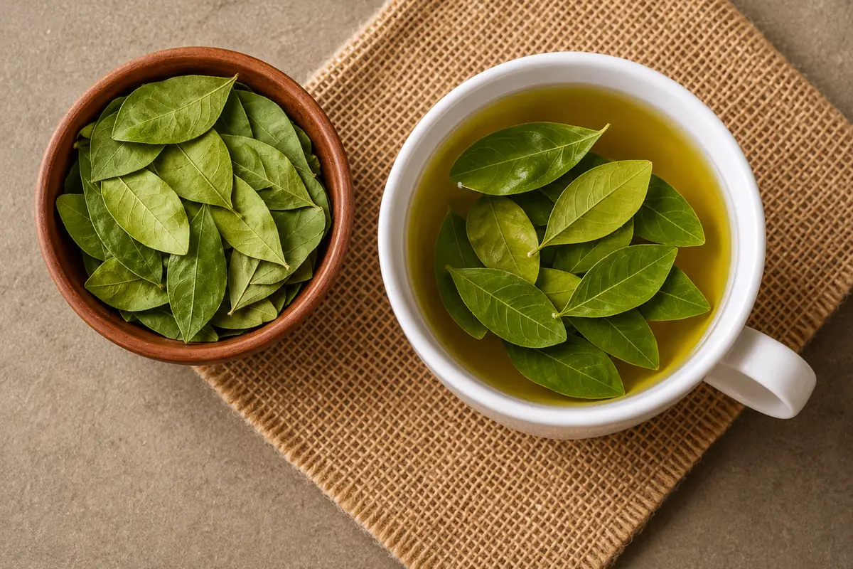 Uma xícara de chá de coca com folhas frescas, o remédio tradicional para a altitude em Cusco.
