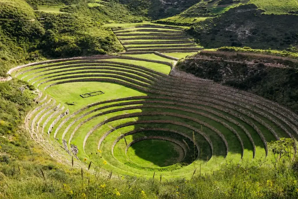 Concentric circular agricultural terraces of the Moray archaeological site in the Sacred Valley near Cusco