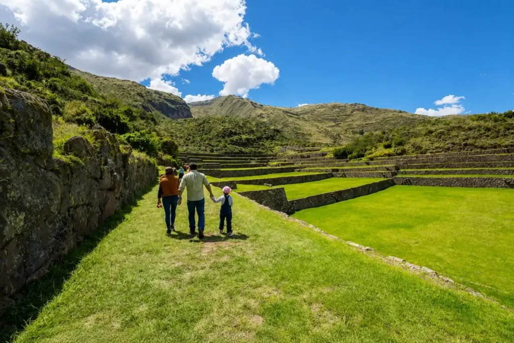 Travelers visiting the tipon agricultural terraces near Cusco