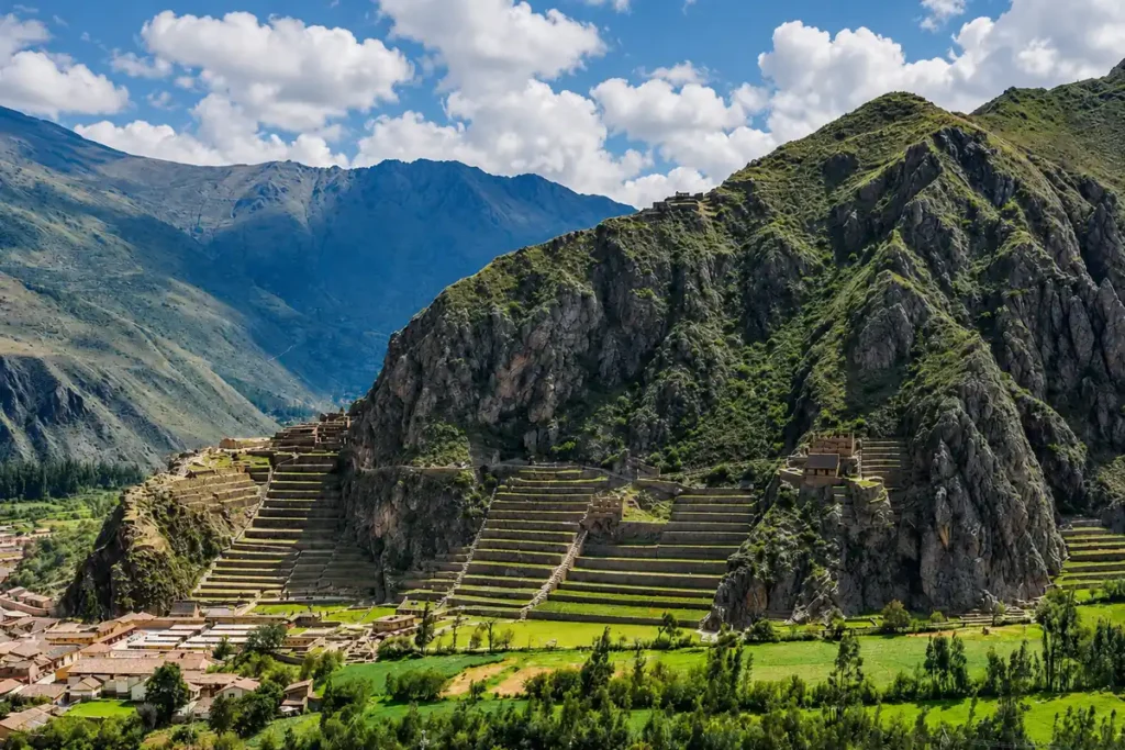 Inca terraces and storehouses of the Ollantaytambo fortress rising above the town in the Sacred Valley