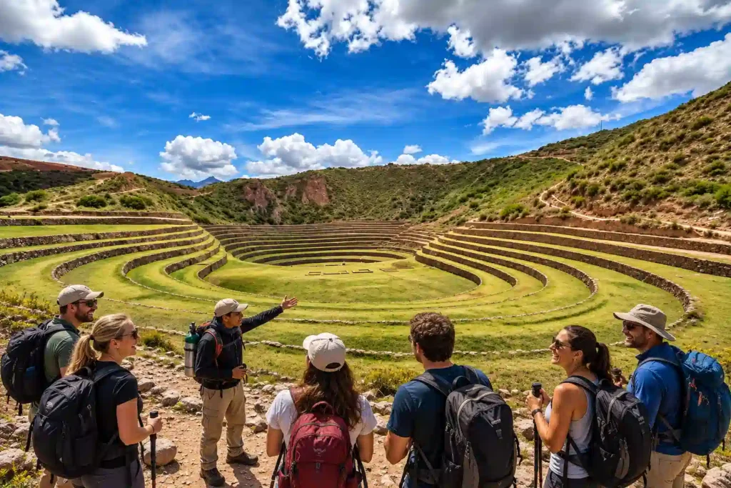 Tour guide explaining the Moray agricultural terraces to a small group during an acclimatization itinerary