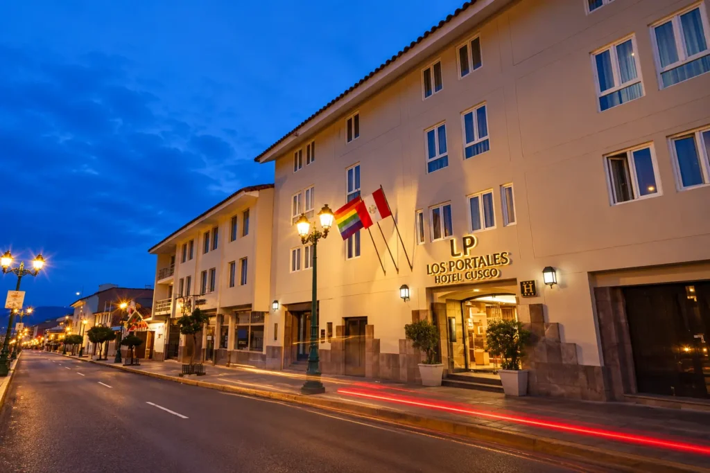 LP Los Portales Hotel Cusco facade at night, hotel on Avenida El Sol in Cusco