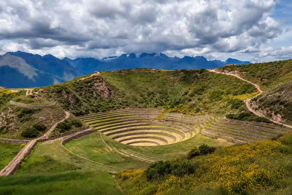 Moray's circular Inca terraces on the Sacred Valley's high plateau, at or above Cusco's altitude
