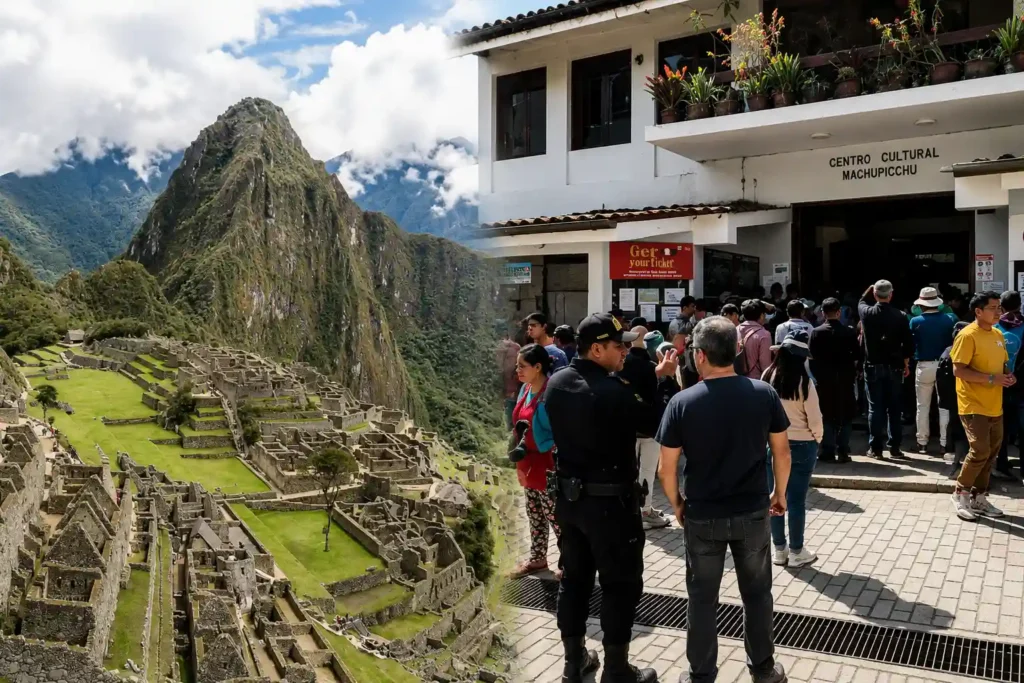 Tourists lining up at the Machu Picchu Cultural Center to pick up their entrance ticket