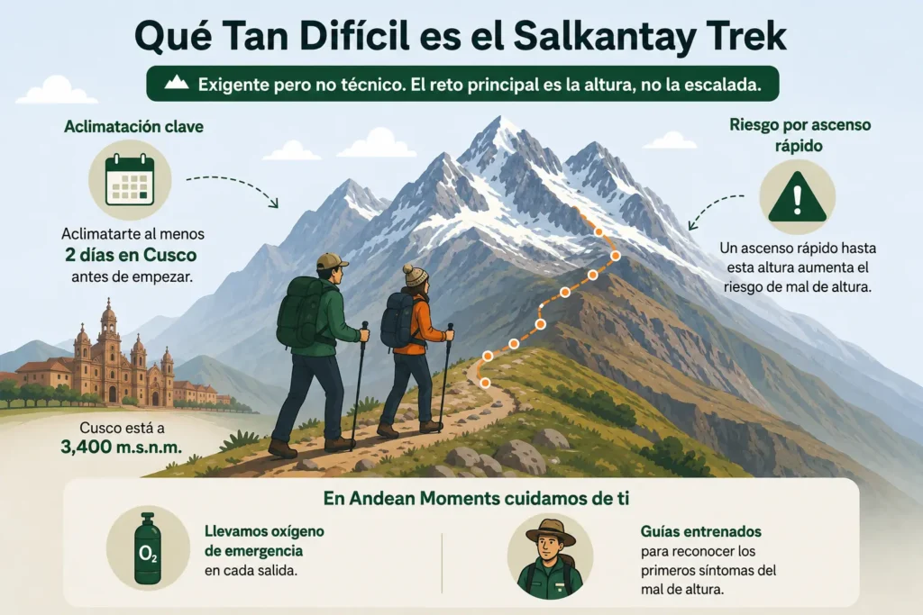 Infografia sobre que tan dificil es el Salkantay Trek, con datos de aclimatacion y medidas de seguridad de Andean Moments