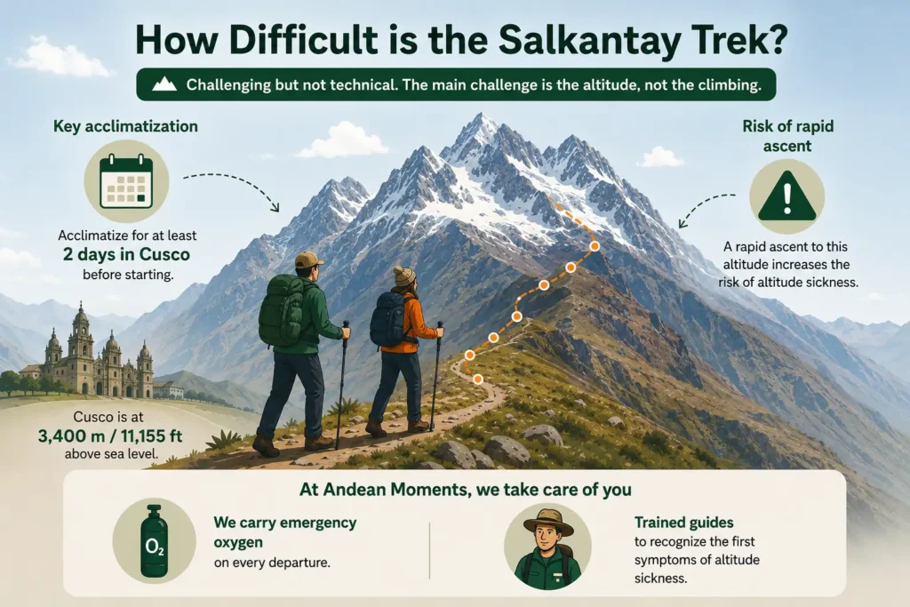 Infographic on how difficult the Salkantay Trek is, with acclimatization data and Andean Moments safety measures