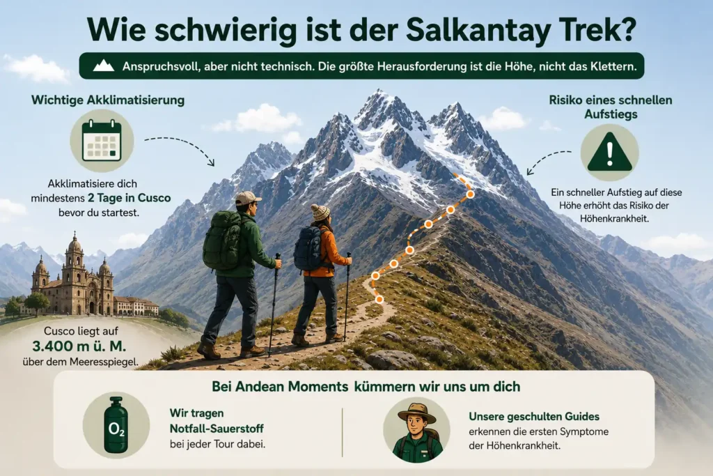 Infografik dazu, wie schwierig der Salkantay Trek ist, mit Akklimatisierungsdaten und Sicherheitsmaßnahmen von Andean Moments
