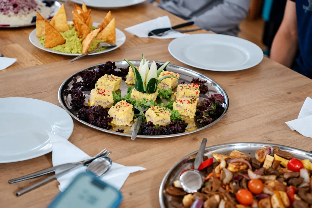 Causa rellena, lomo saltado and fried wontons with guacamole served on the Salkantay Trek