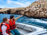 Tourists on a boat observing penguins and wildlife at the Ballestas Islands near Paracas