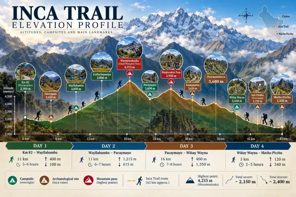Inca Trail elevation profile map with campsites, mountain passes and elevation gain for each day