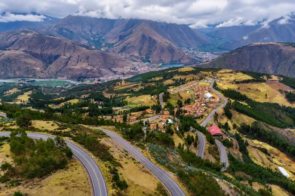 Aerial view of the Andean valley and road leading from Cusco toward the Rainbow Mountain region