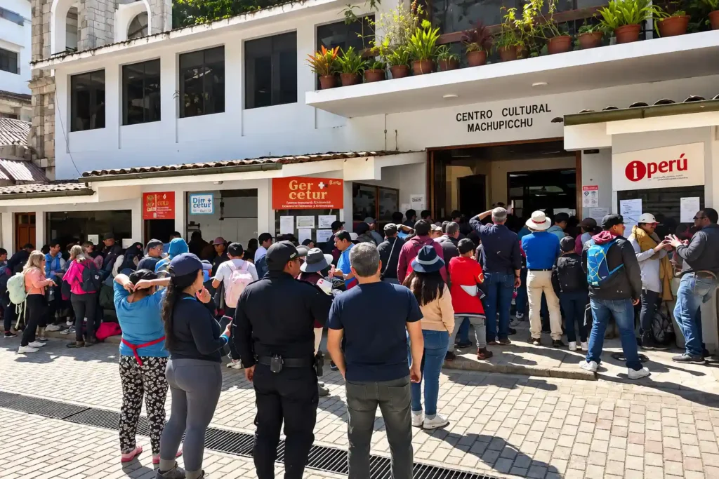 Buying Machu Picchu tickets in person: line outside the Cultural Center in Aguas Calientes