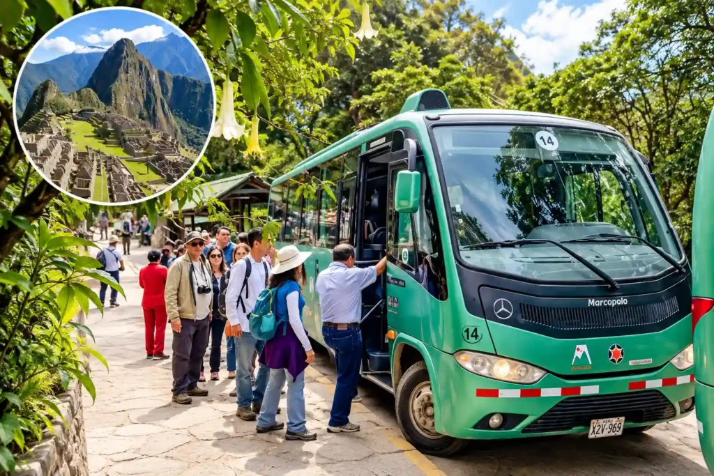 Bus from Aguas Calientes to Machu Picchu: travelers boarding at the stop