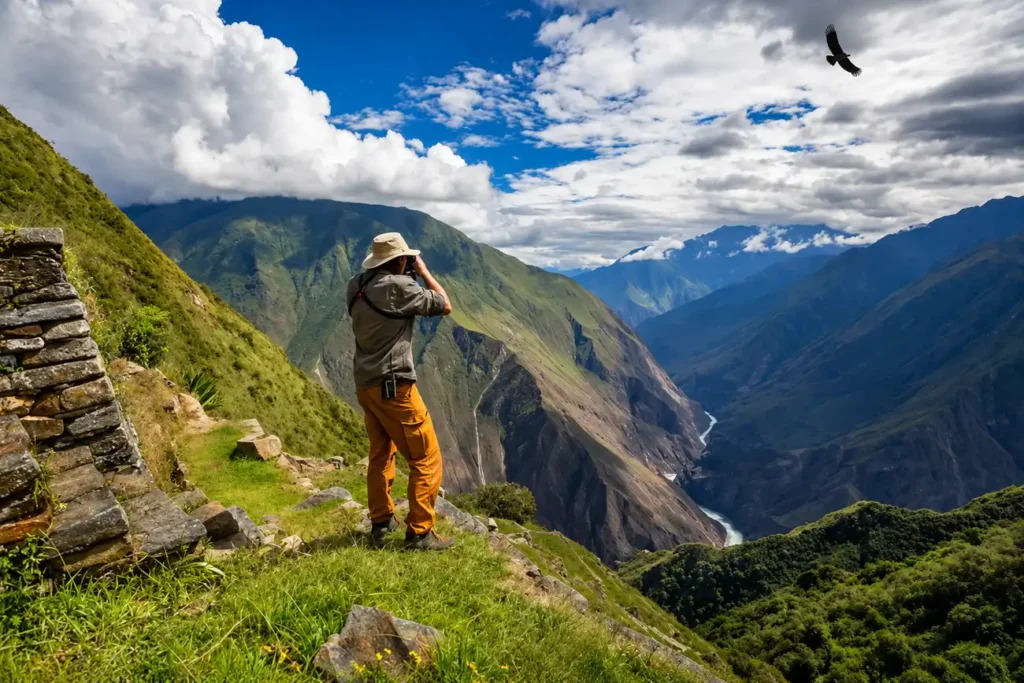 Choquequirao trek: caminante fotografiando el cañón del Apurímac con un cóndor en el cielo