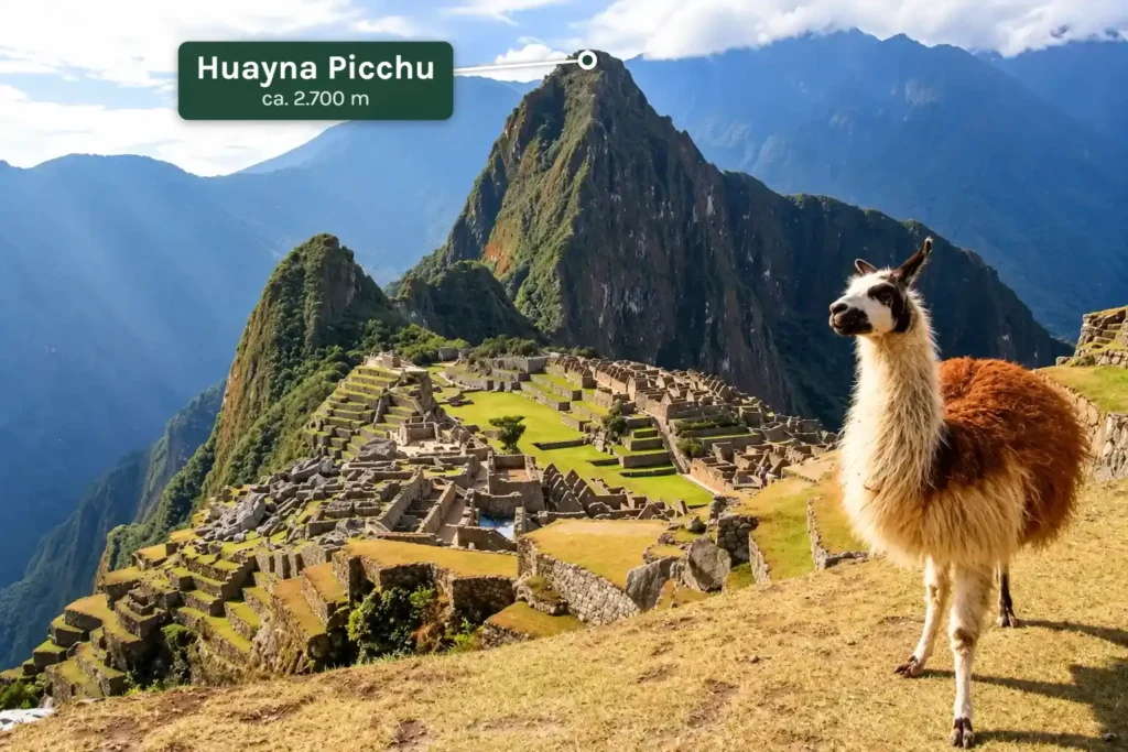 Huayna Picchu, der steile Gipfel hinter der Inkastadt Machu Picchu, mit einem Lama auf den oberen Terrassen