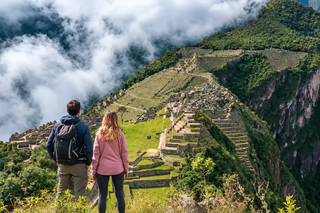 View from the north side near Huchuy Picchu over the terraces and main plaza of the Inca city of Machu Picchu