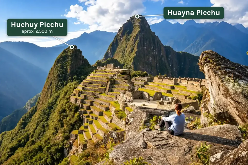 Huchuy Picchu, la cumbre pequeña a la izquierda de Huayna Picchu, vista desde las terrazas de la ciudad inca