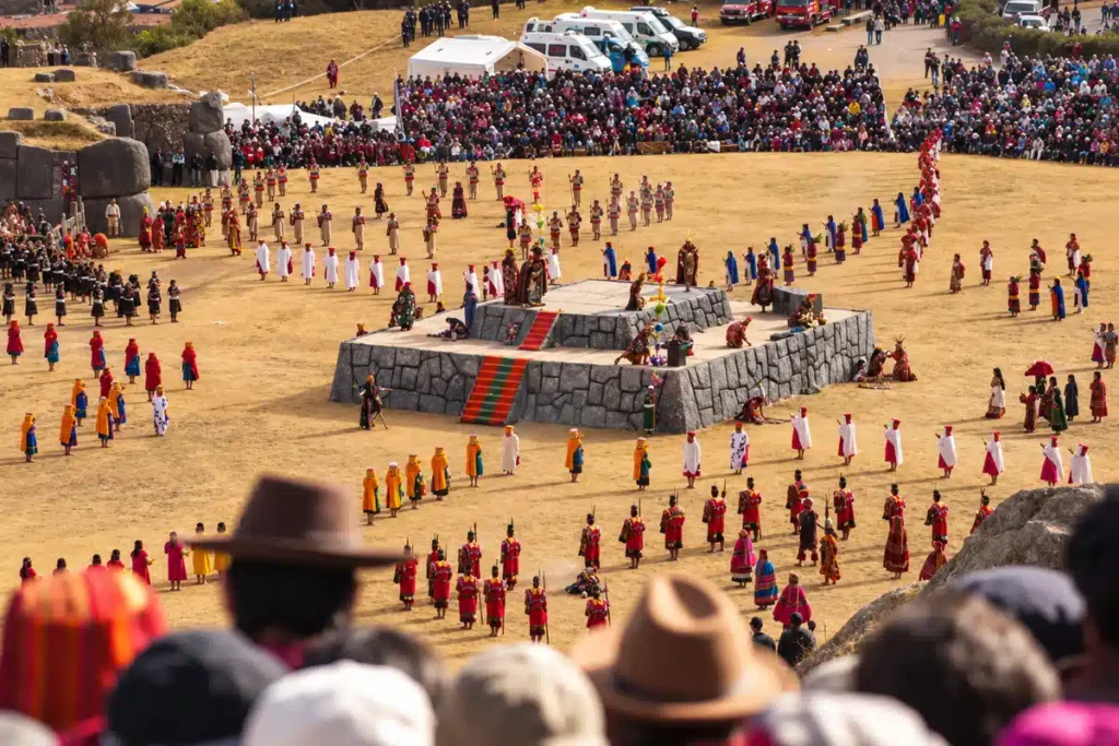 Inti Raymi ceremony at Sacsayhuaman in Cusco with crowds of spectators