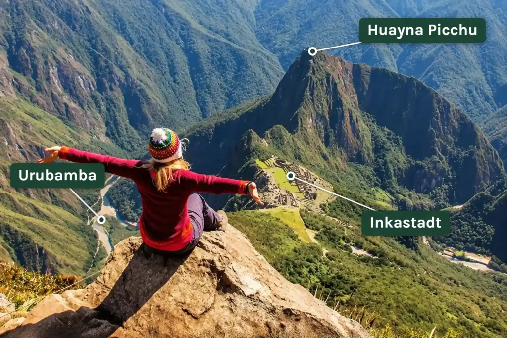 Aussicht vom Gipfel des Machu Picchu Bergs auf die Inkastadt, den Huayna Picchu und den Urubamba