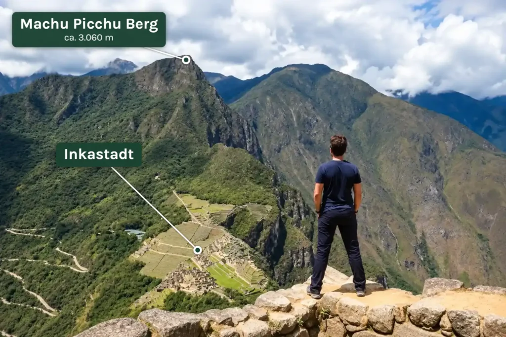 Der Machu Picchu Berg (Montaña) über der Inkastadt, vom Huayna Picchu aus gesehen