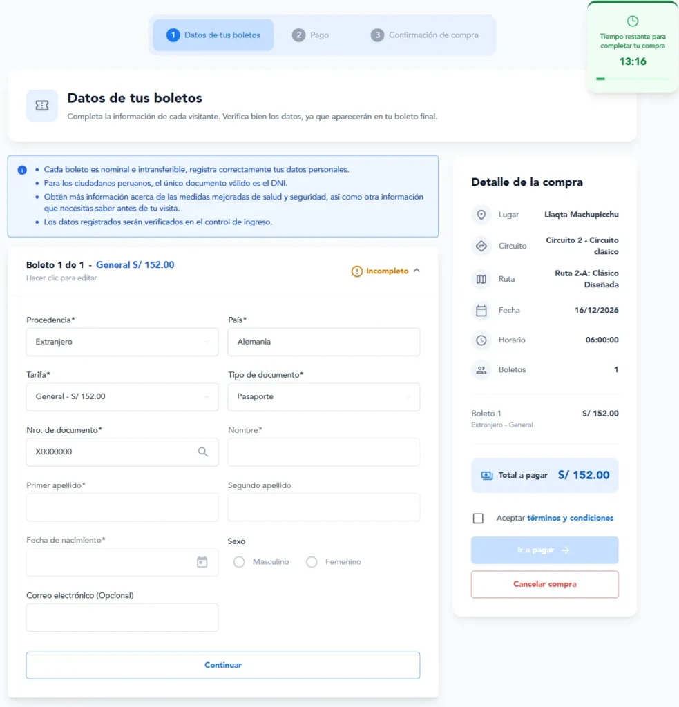 Visitor details for a Machu Picchu ticket: origin, country, rate and passport number, with the countdown timer