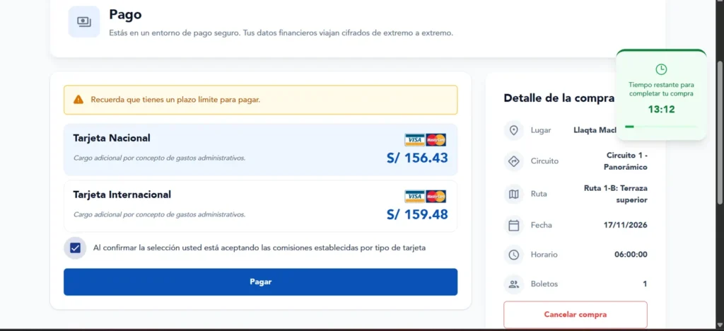 Paying for a Machu Picchu ticket by national or international card, with the 15-minute timer