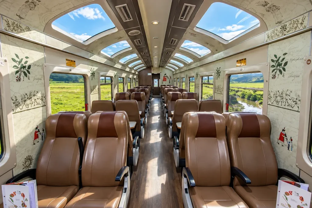 Innenraum eines Wagens des PeruRail Expedition mit Ledersitzen