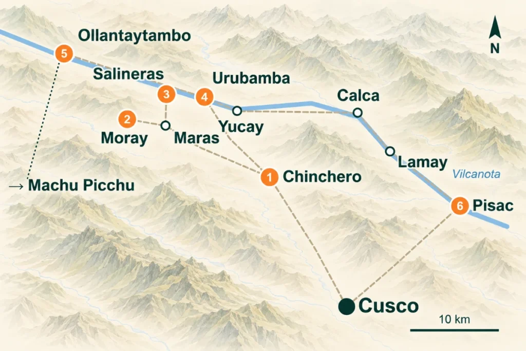 Mapa del Valle Sagrado con Pisac, Chinchero, Moray, Maras, Urubamba y Ollantaytambo y el orden de visita del tour