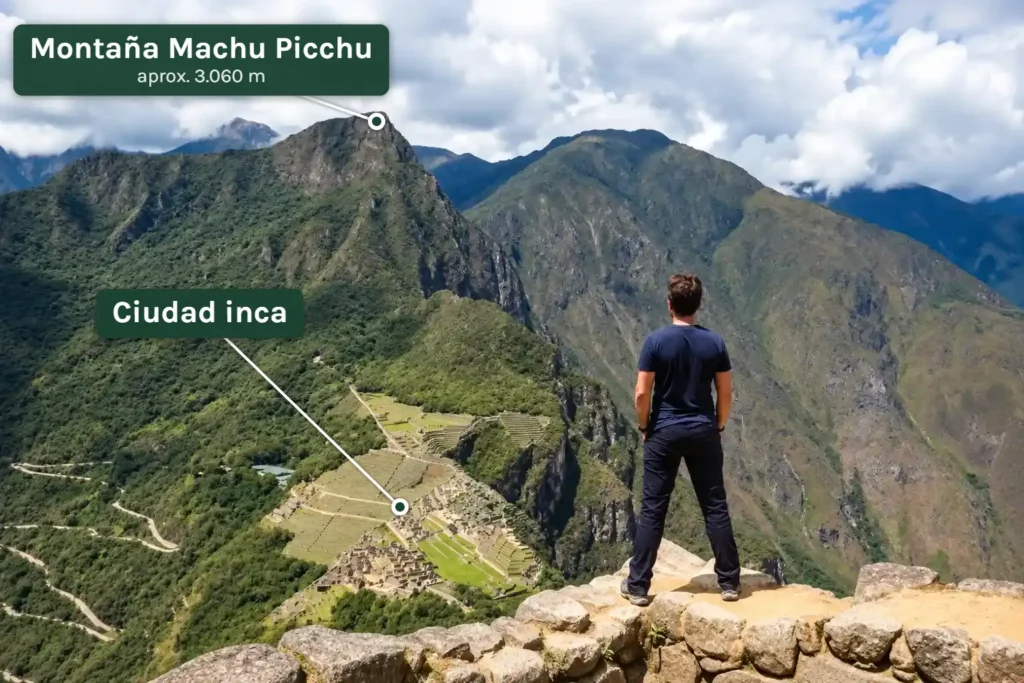 La Montaña Machu Picchu sobre la ciudad inca, vista desde Huayna Picchu