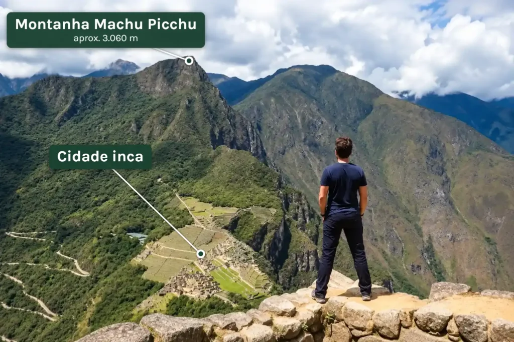 A Montanha Machu Picchu acima da cidade inca, vista do Huayna Picchu