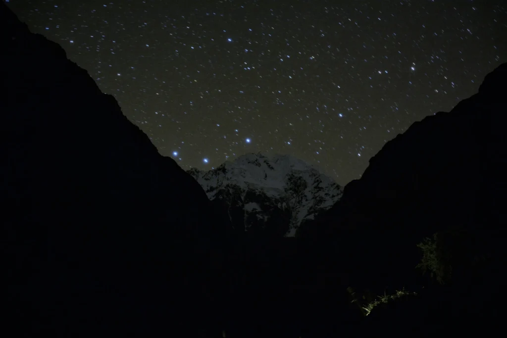Stars over Nevado Salkantay on a clear, cold night