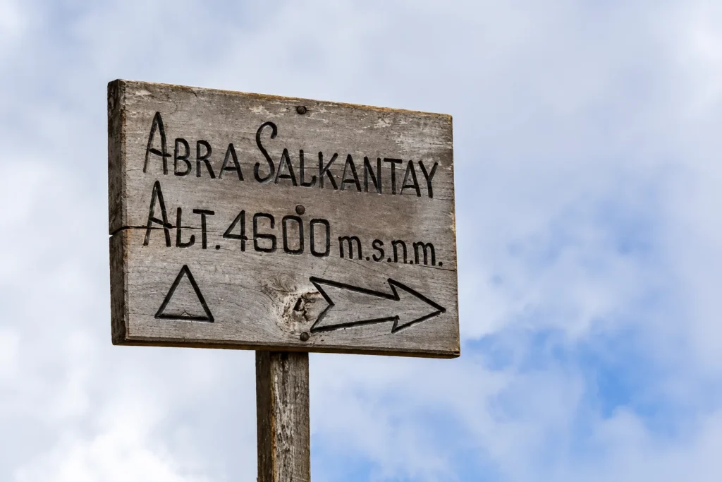 Sign at the Salkantay Pass reading Abra Salkantay, Alt. 4600 m.s.n.m.