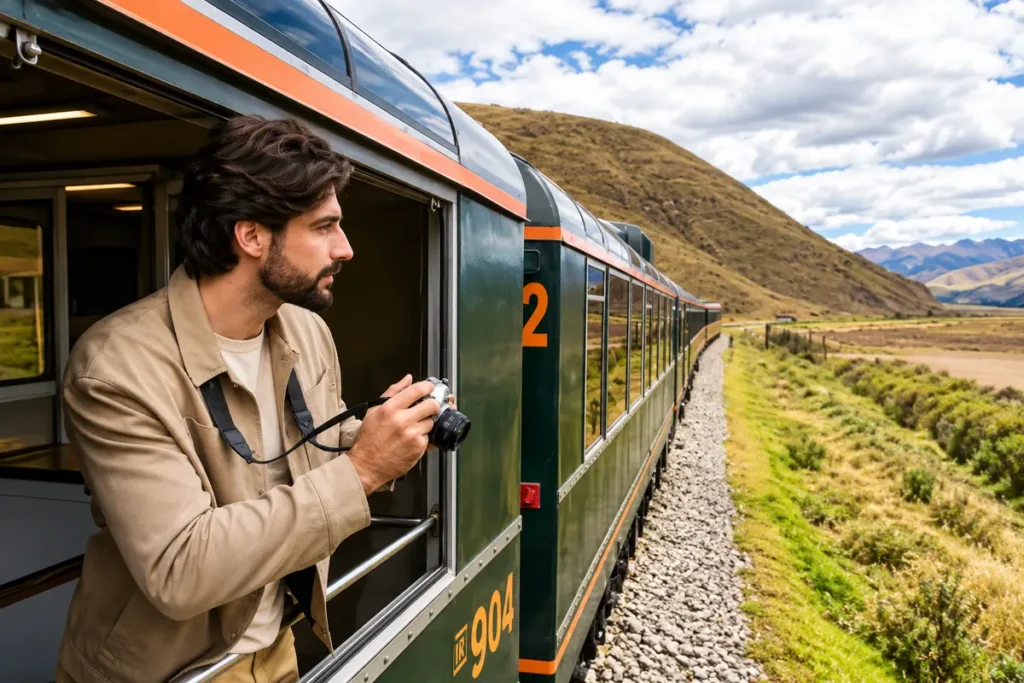 Traveler photographing from the open air observatory car of the Inca Rail 360°