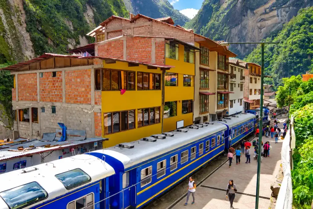 PeruRail train arriving at Machu Picchu Pueblo station in Aguas Calientes