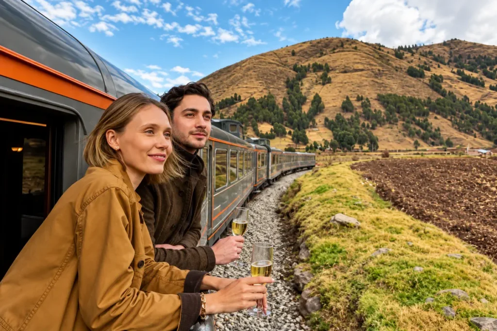Couple on the open balcony of the Inca Rail First Class