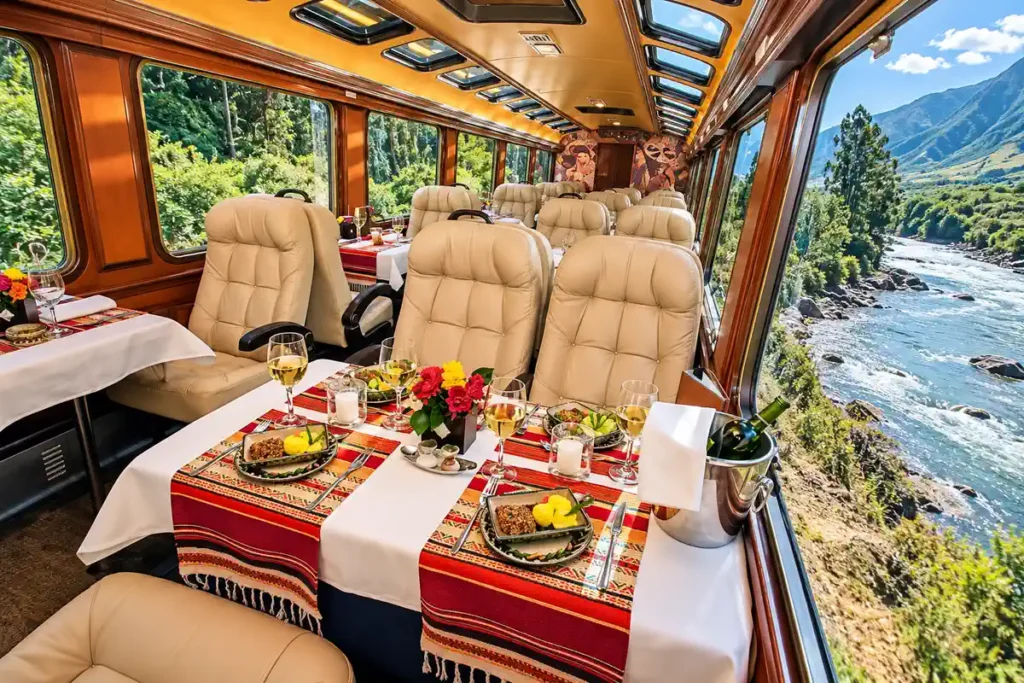Dining table set in a Hiram Bingham carriage above the Urubamba River
