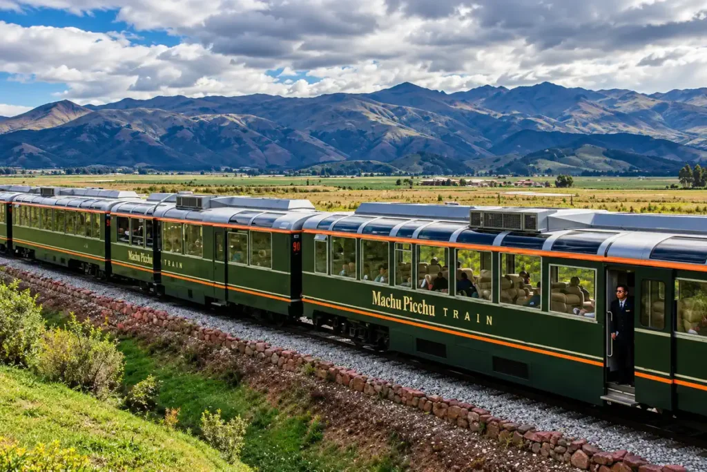 Inca Rail train crossing the Sacred Valley toward Machu Picchu
