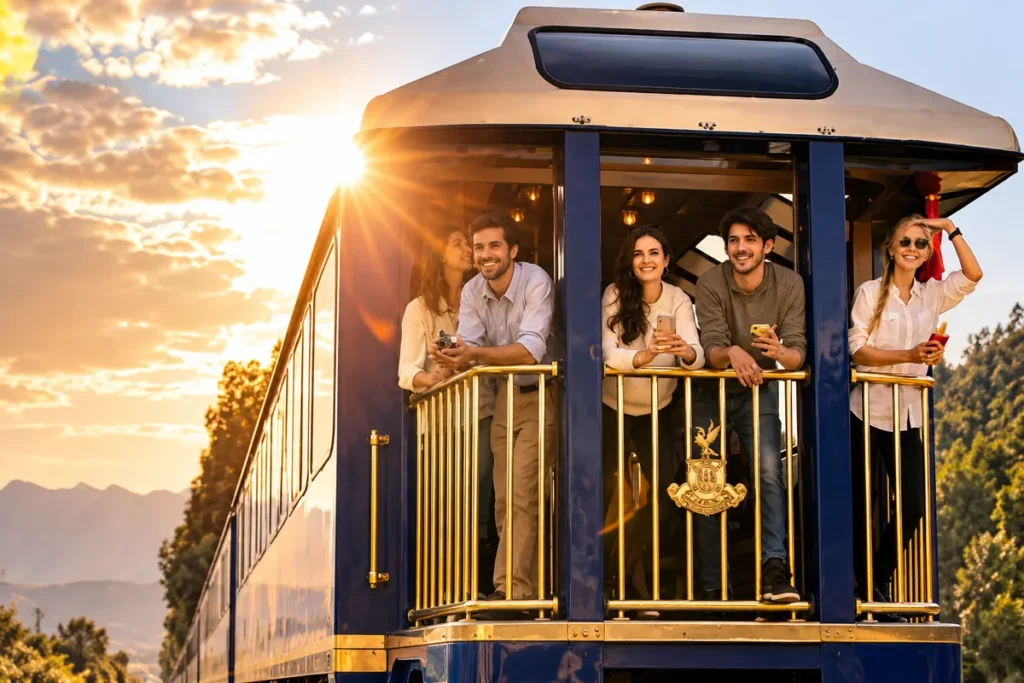 Pasajeros en el balcón mirador del Hiram Bingham al atardecer