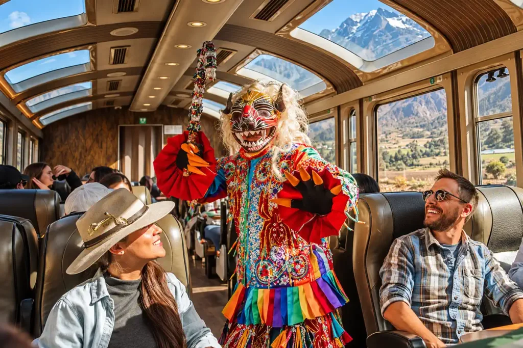 Danzante andino en el tren PeruRail Vistadome
