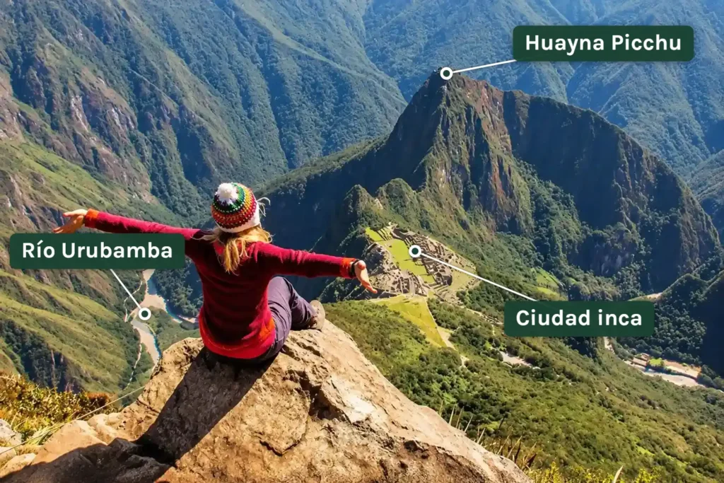 Vista desde la cumbre de la Montaña Machu Picchu hacia la ciudad inca, Huayna Picchu y el río Urubamba